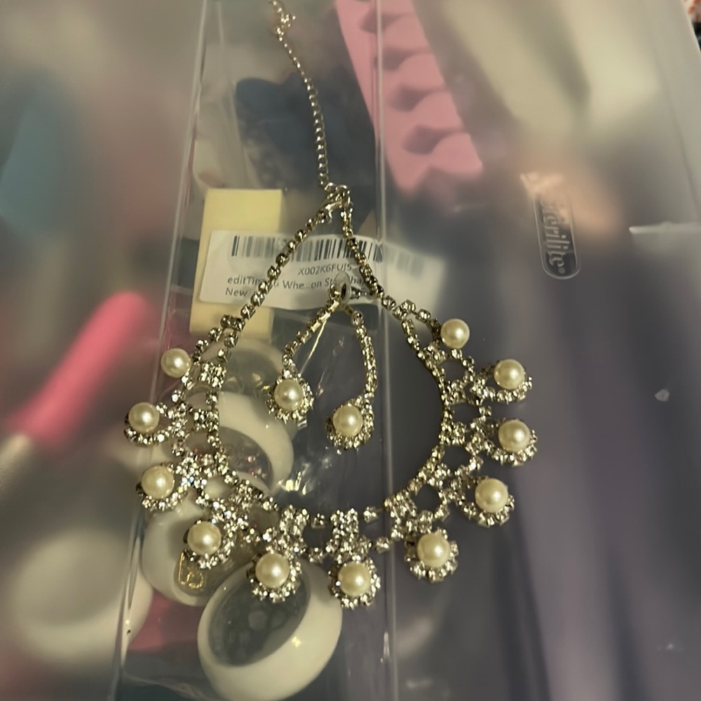 Choker pearl necklace diamond rhinestone with earrings